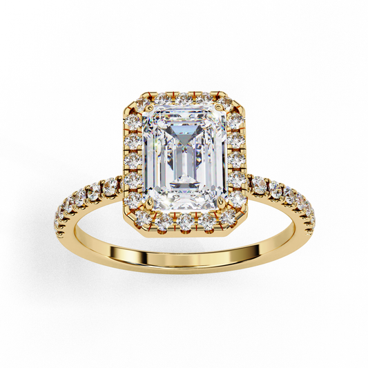 The Elysium Emerald-Cut High-Carat Halo Lab-Grown Diamond Ring Yellow Gold